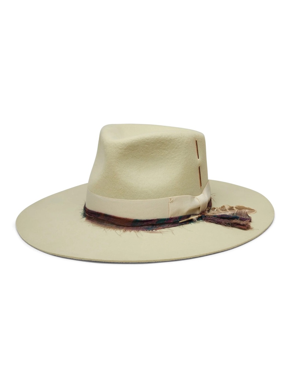 Pale green/cream Wide-Brim Cashmere Fedora Hat rancher western Feather Trim nwt